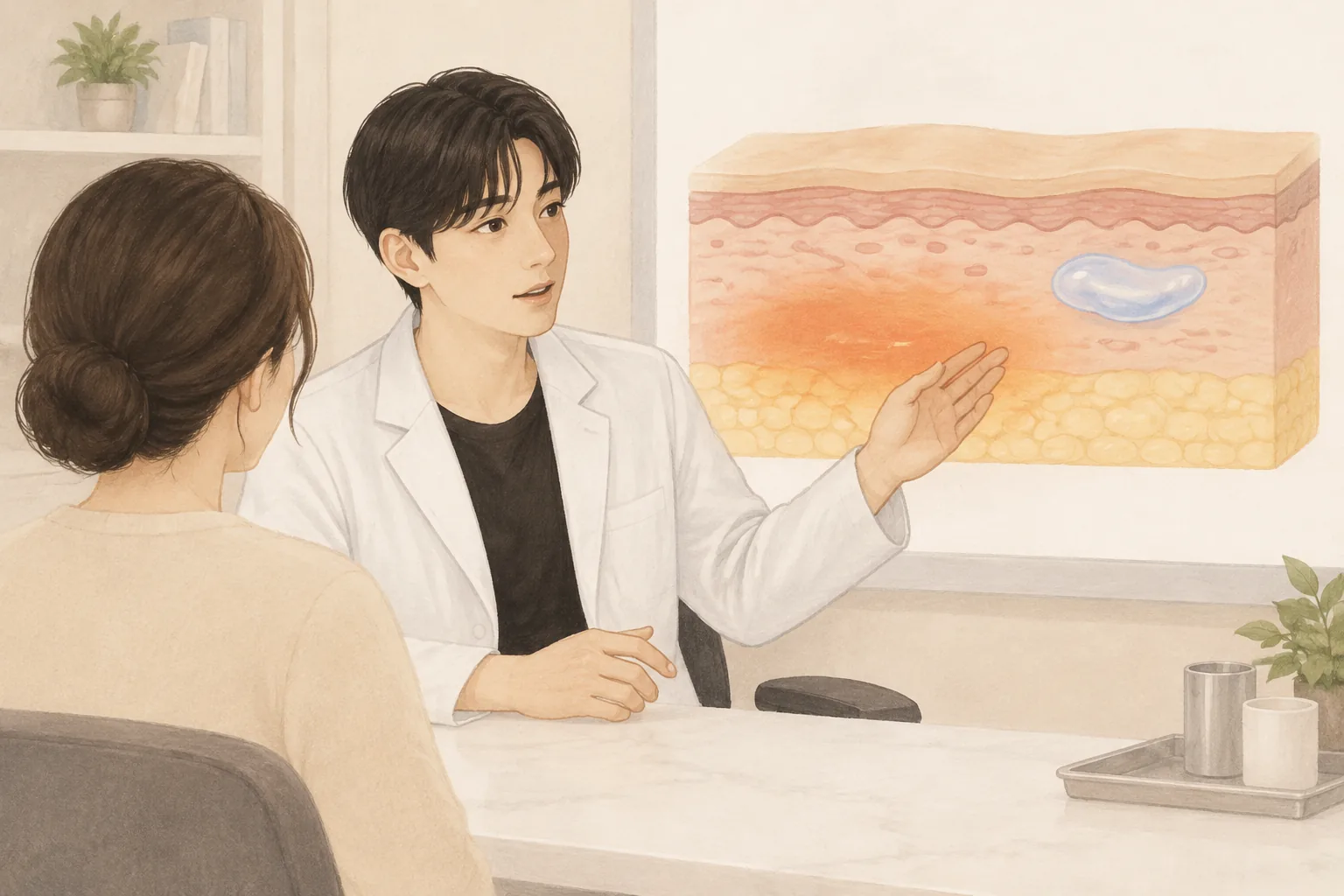 一名男子借助皮肤层次示意图与女子交谈