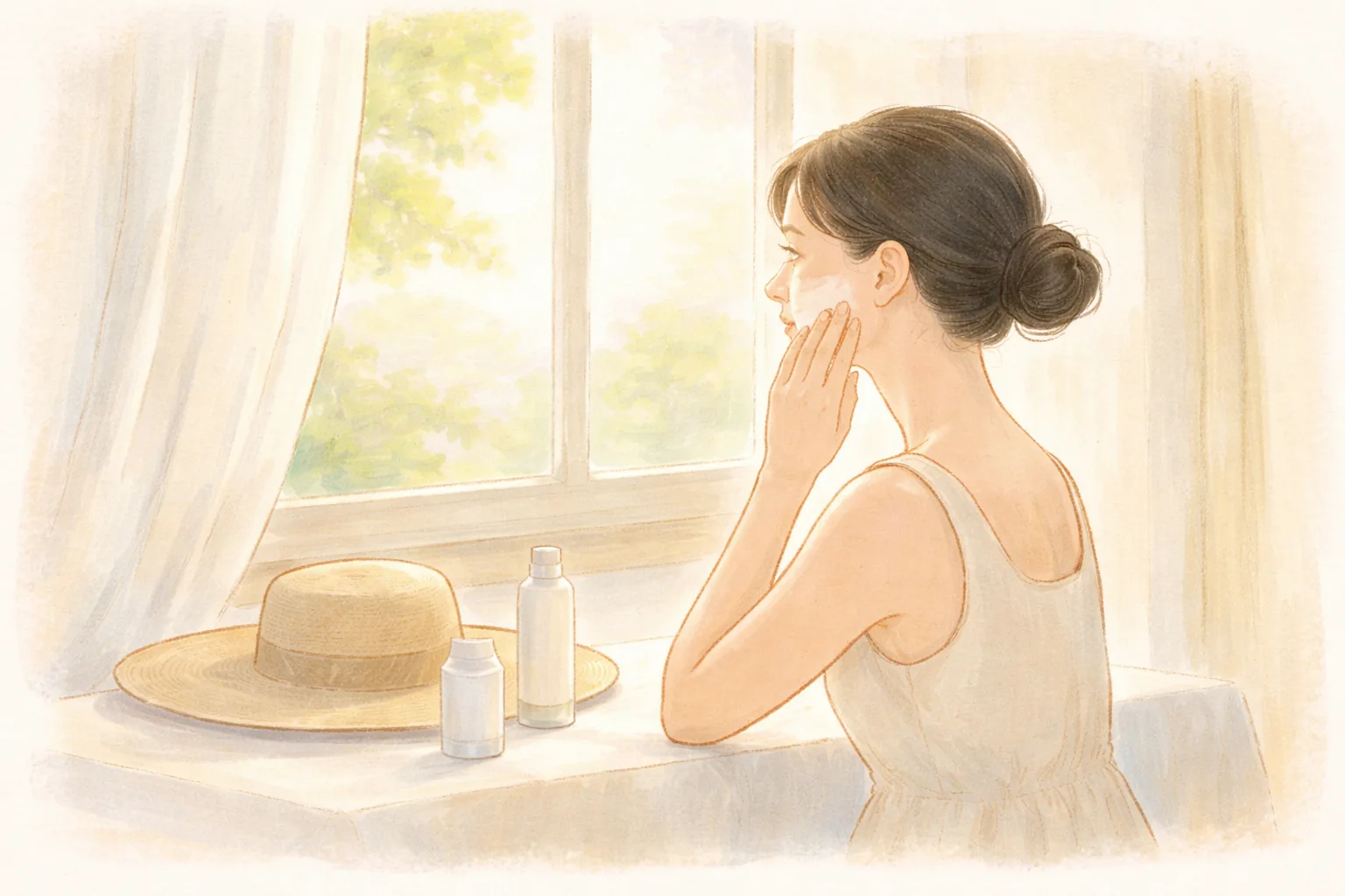 창가에 앉아 볼에 크림을 바르는 여성과 모자와 화장품 병 두 개