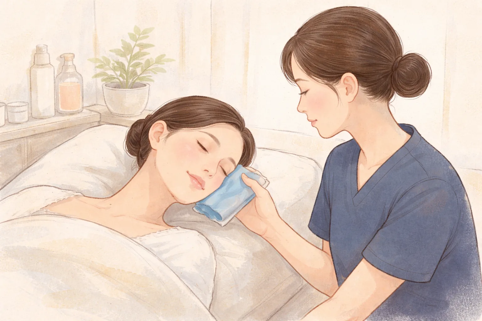 Clinician applying a cold compress to a female patient lying on a bed, with an indoor plant