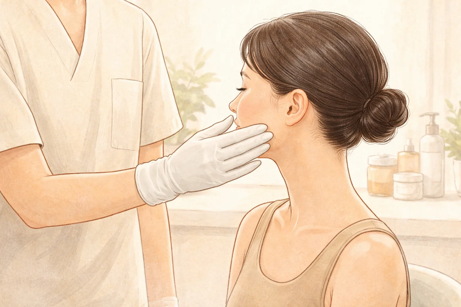 A clinician in gloves touching the side of a woman's face