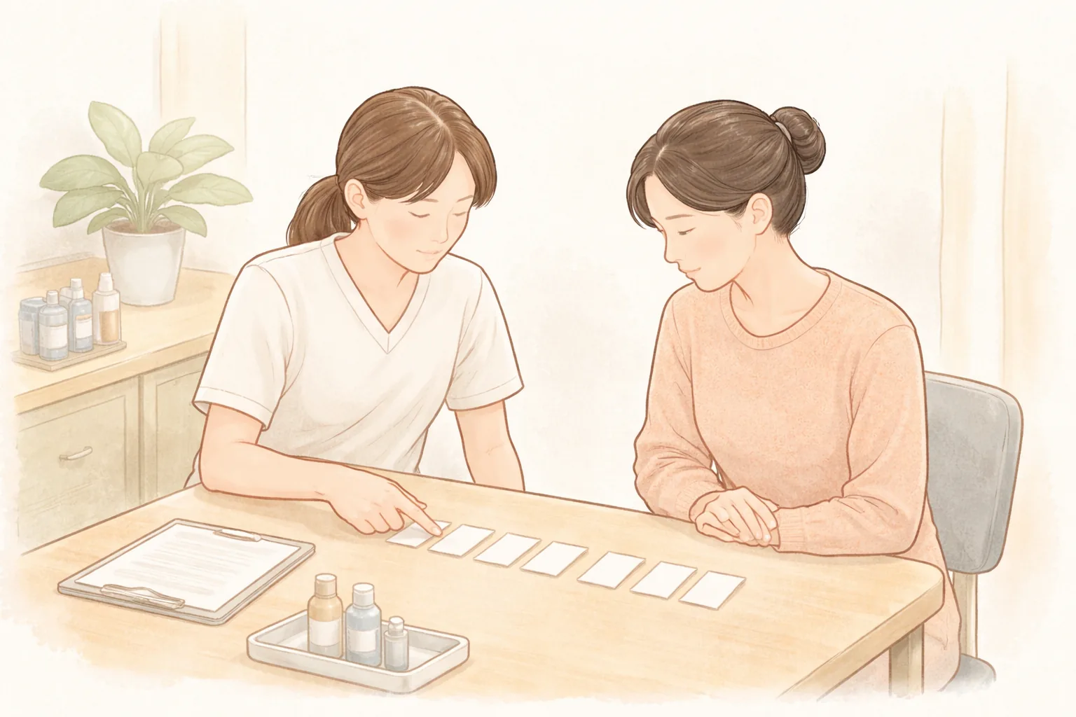 兩位女性看著桌上小紙片交談諮詢