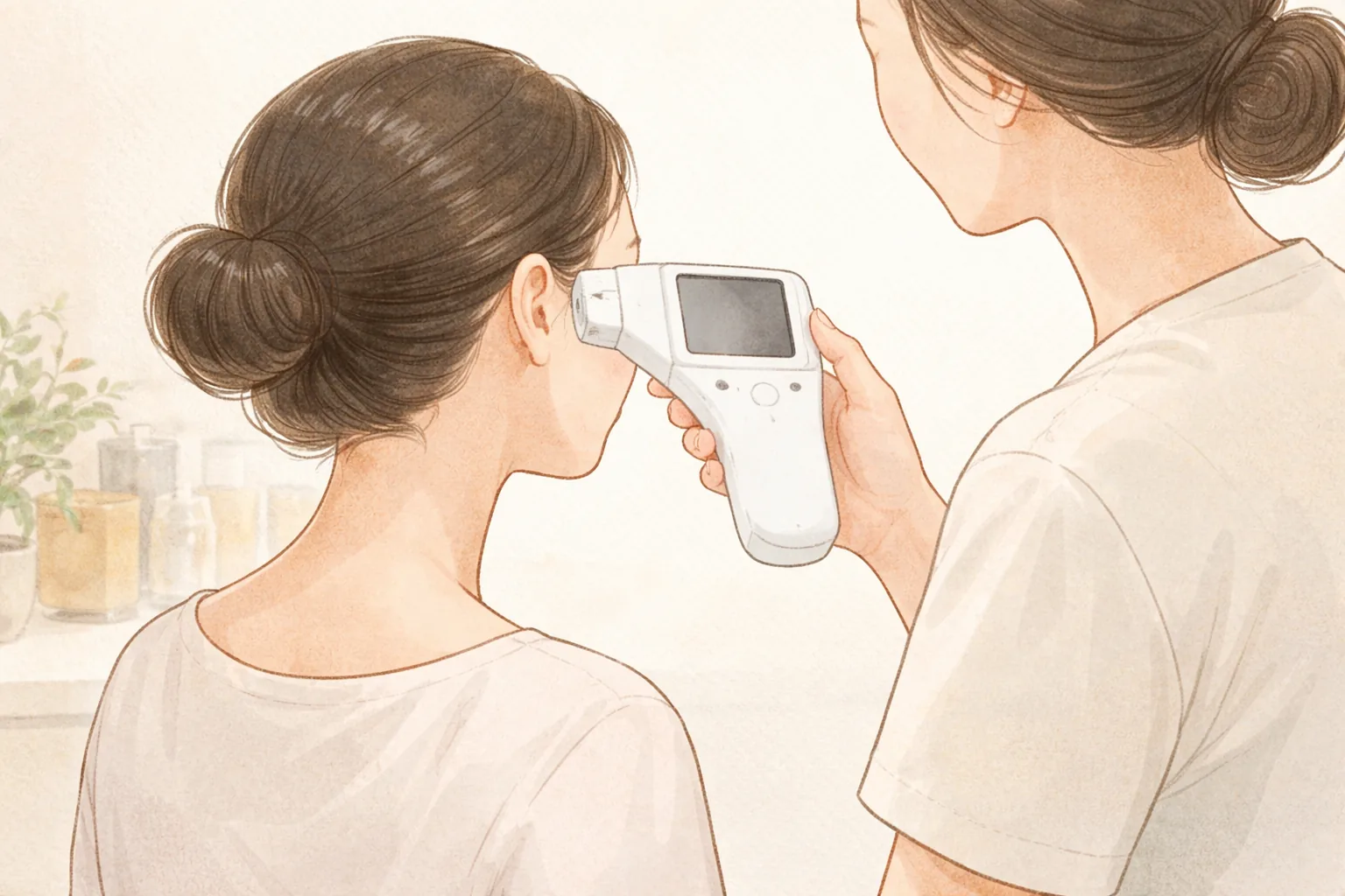 皮膚分析器を患者に使う医療者と患者