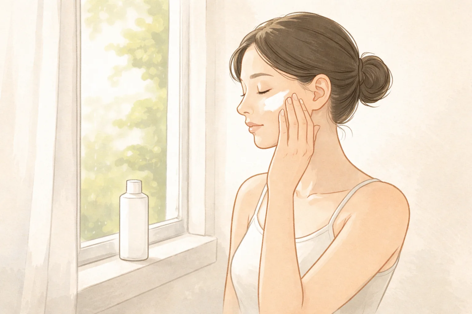 Woman standing by a window applying sunscreen to her face with her fingertips