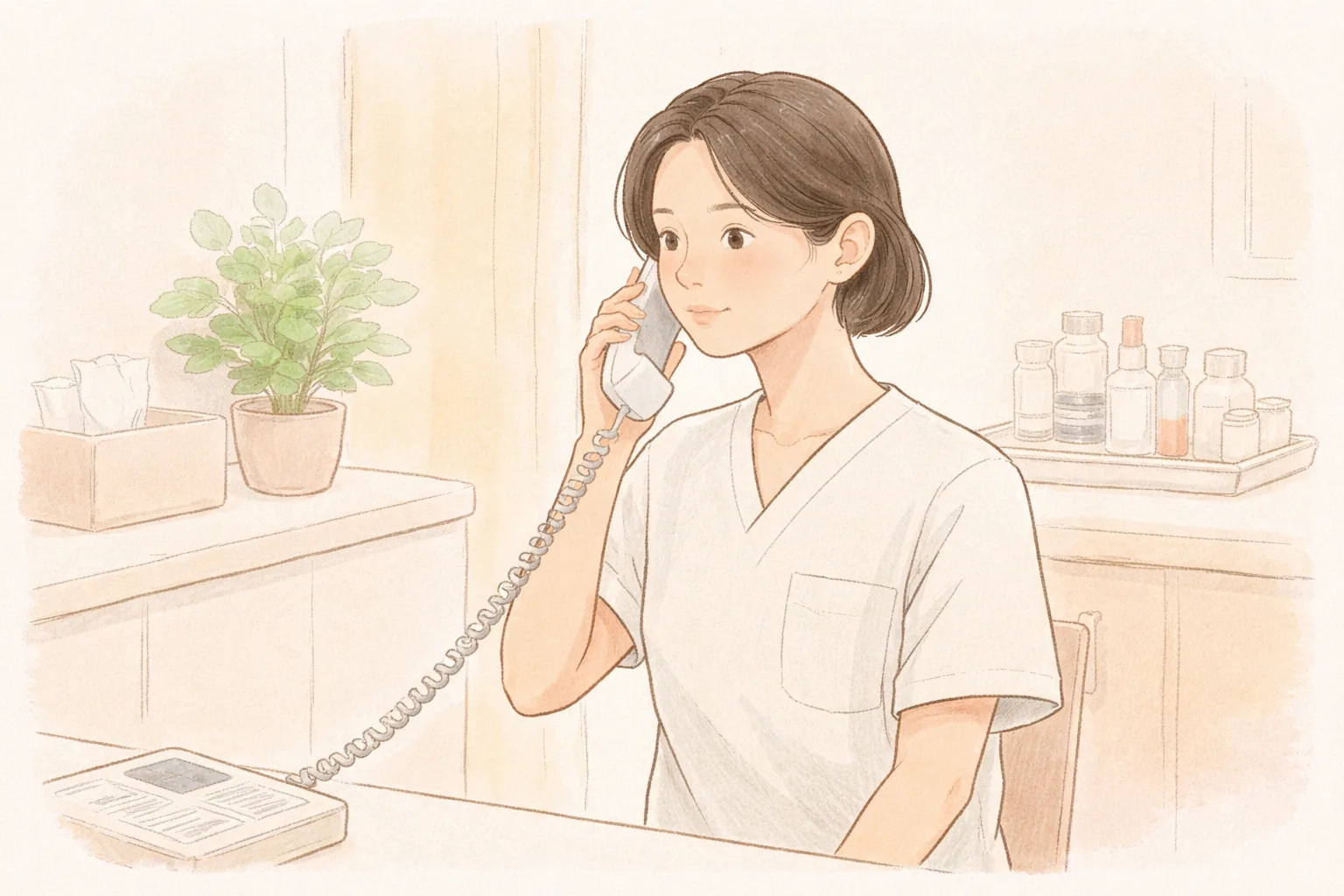 醫療人員在診間拿著電話通話