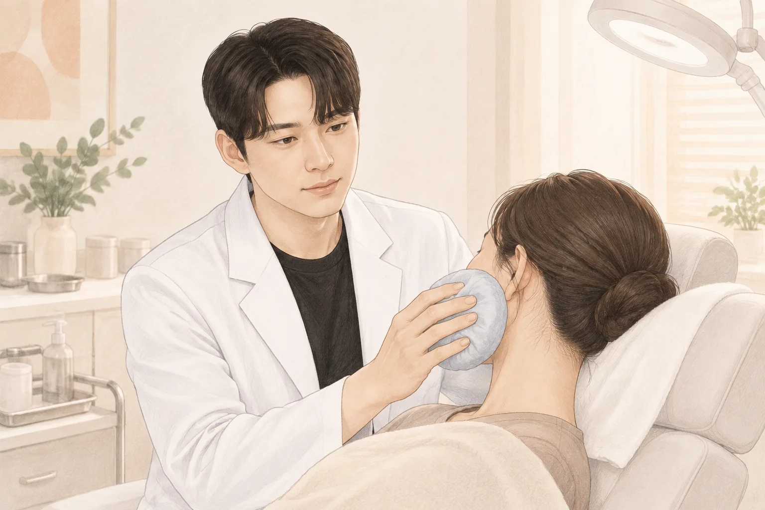 A male doctor holding a cloth-wrapped ice pack to a patient's cheek