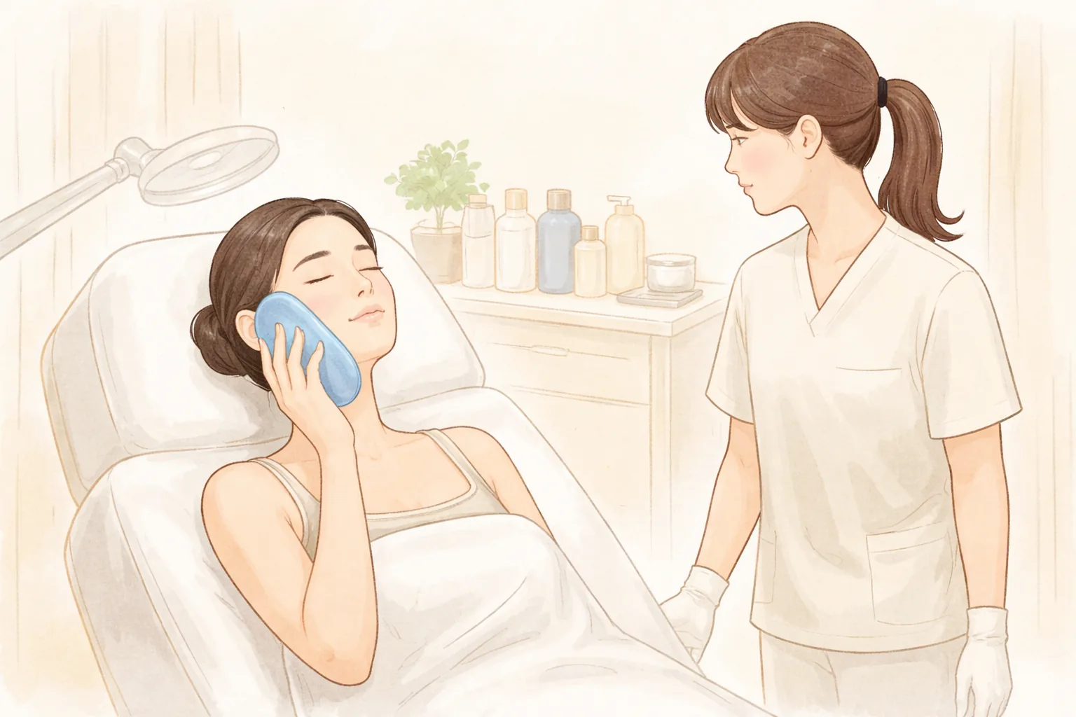Woman lying with eyes closed, cooling pack on her cheek, beside a clinician in scrubs