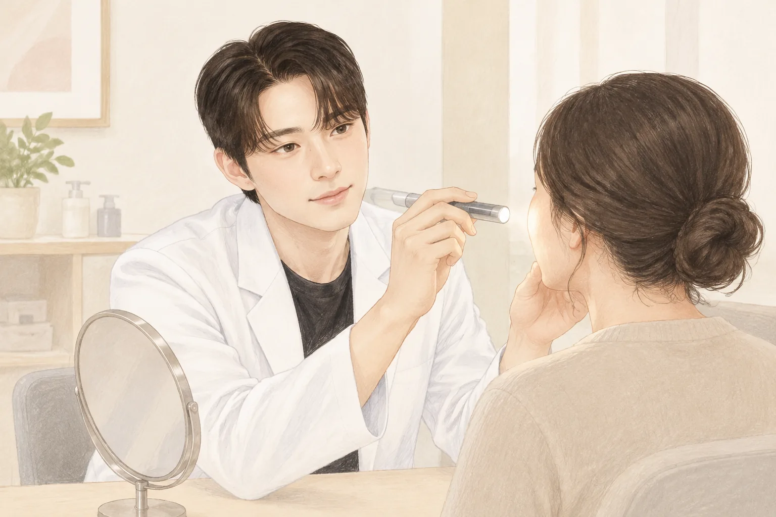 작은 라이트로 여성 환자의 볼을 살피는 남성 의사
