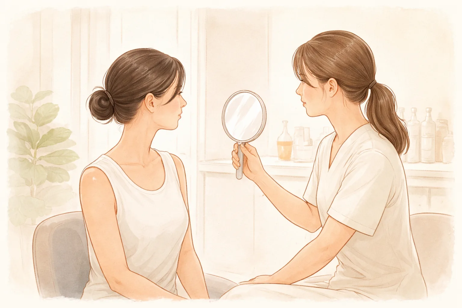 의료진이 여성에게 작은 손거울을 들어 보여주는 모습