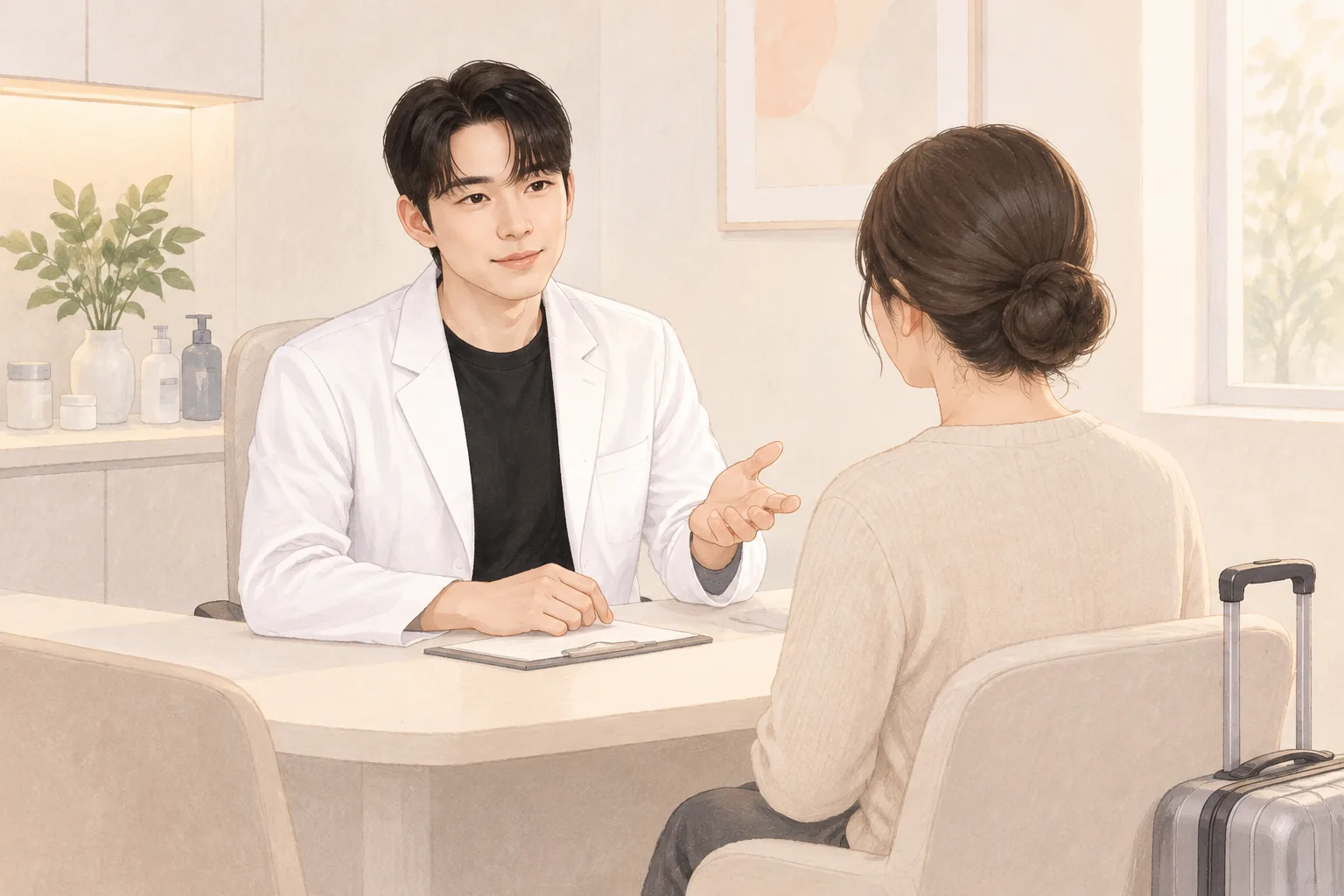 남성 의사와 여성 환자가 책상 앞에서 상담 중이며 옆에 여행용 가방 있음