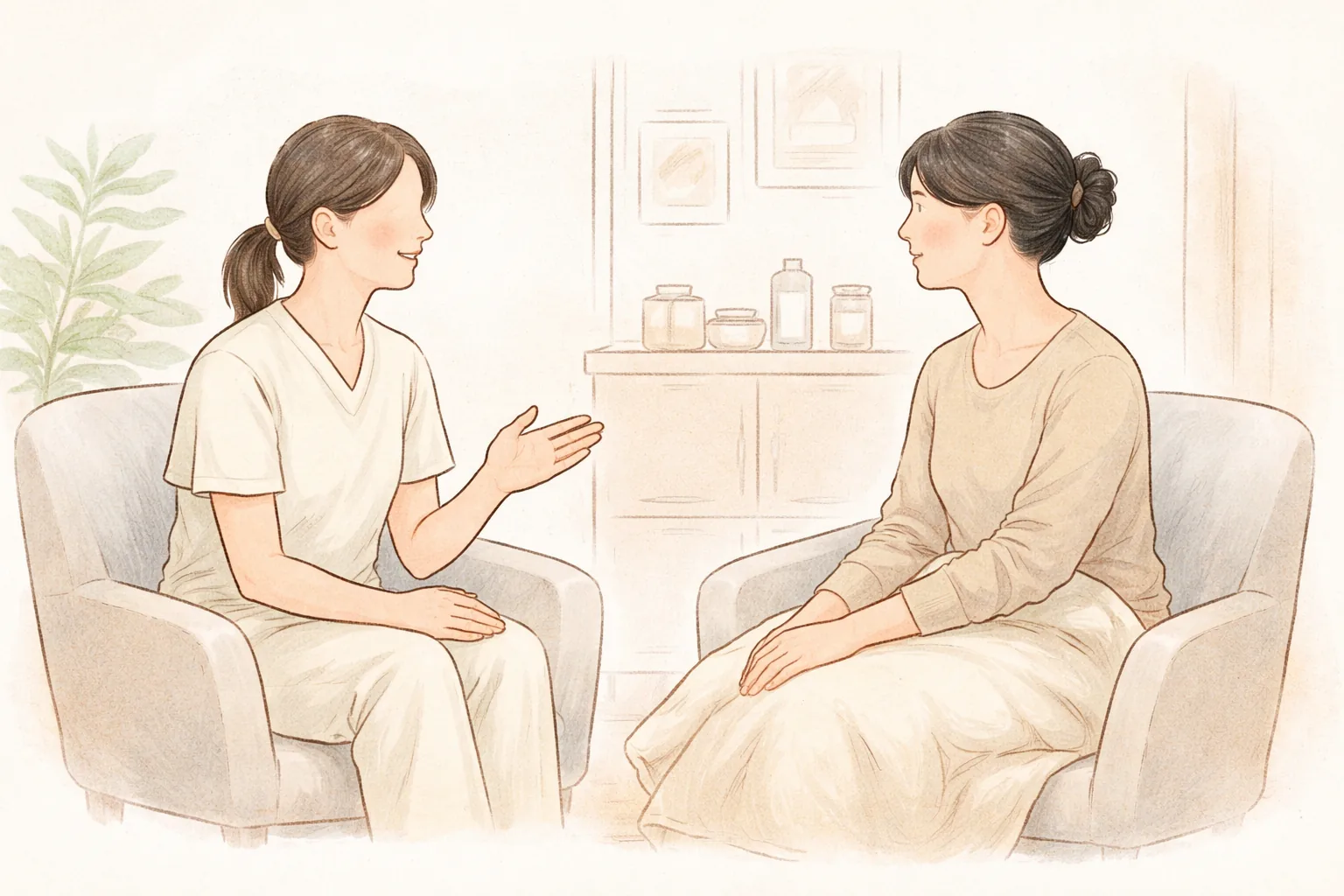 Two women sitting and talking in chairs