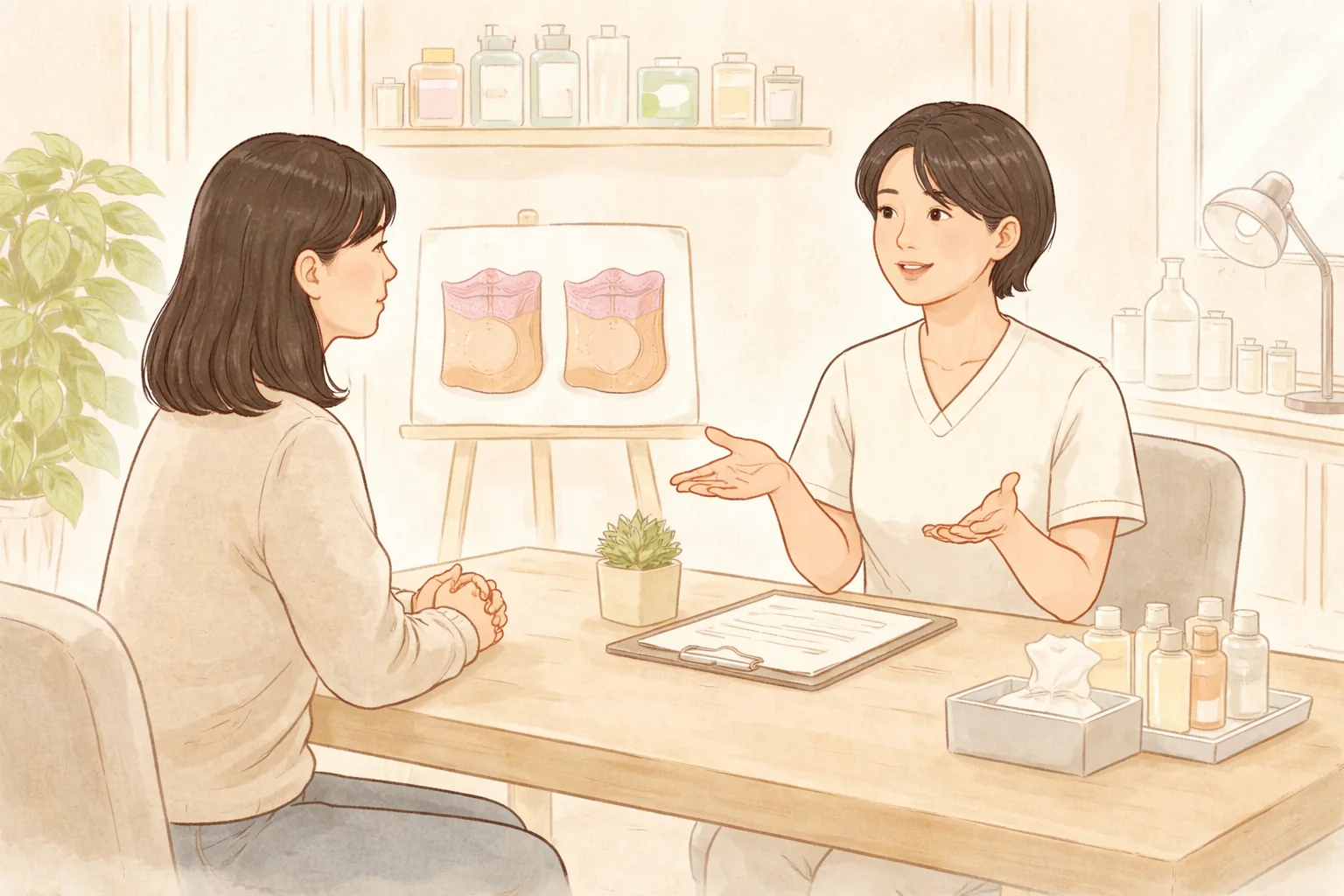 Mujer y profesional médico conversando frente a frente en una consulta luminosa