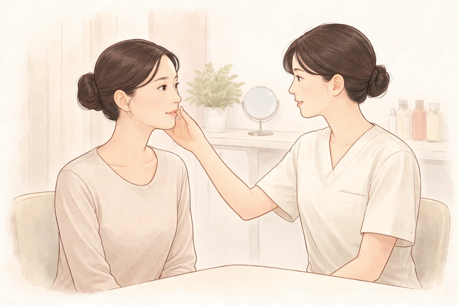 医护人员指着女性患者脸颊进行咨询