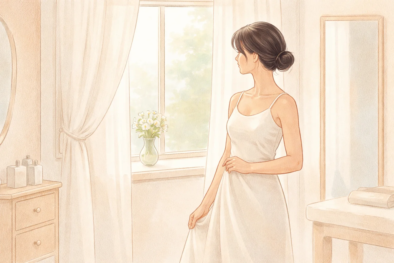 창가에 서서 아이보리색 드레스를 입은 여성이 옆을 바라보고 있음