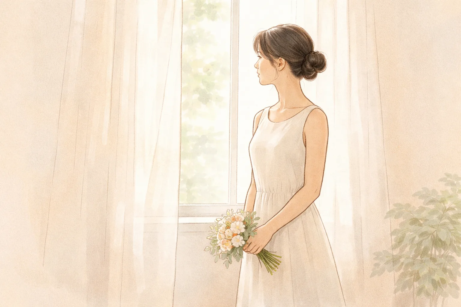 Woman in a pale dress standing by a window holding a small bouquet