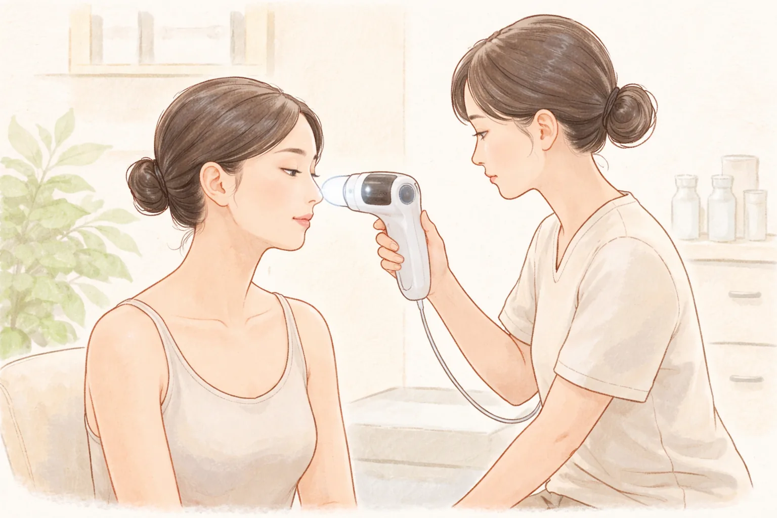 医护人员用皮肤分析相机检查女性面颊