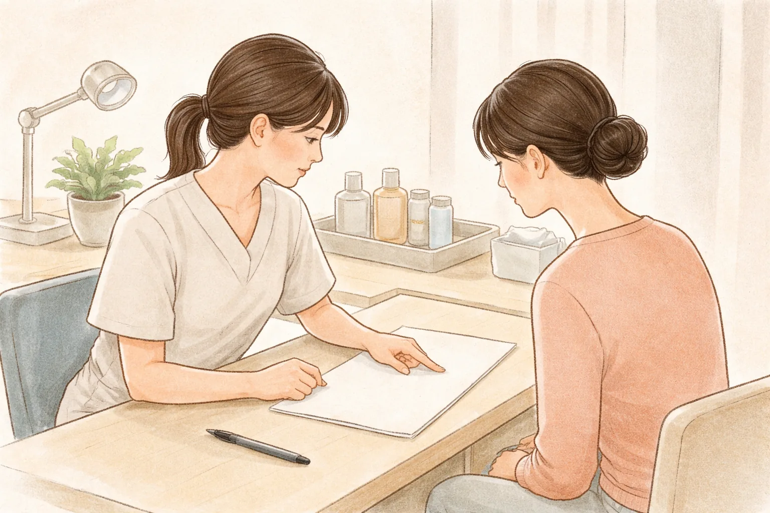 机で白紙を見ながらカウンセリングする白衣の医療スタッフとピンクの服の女性2人