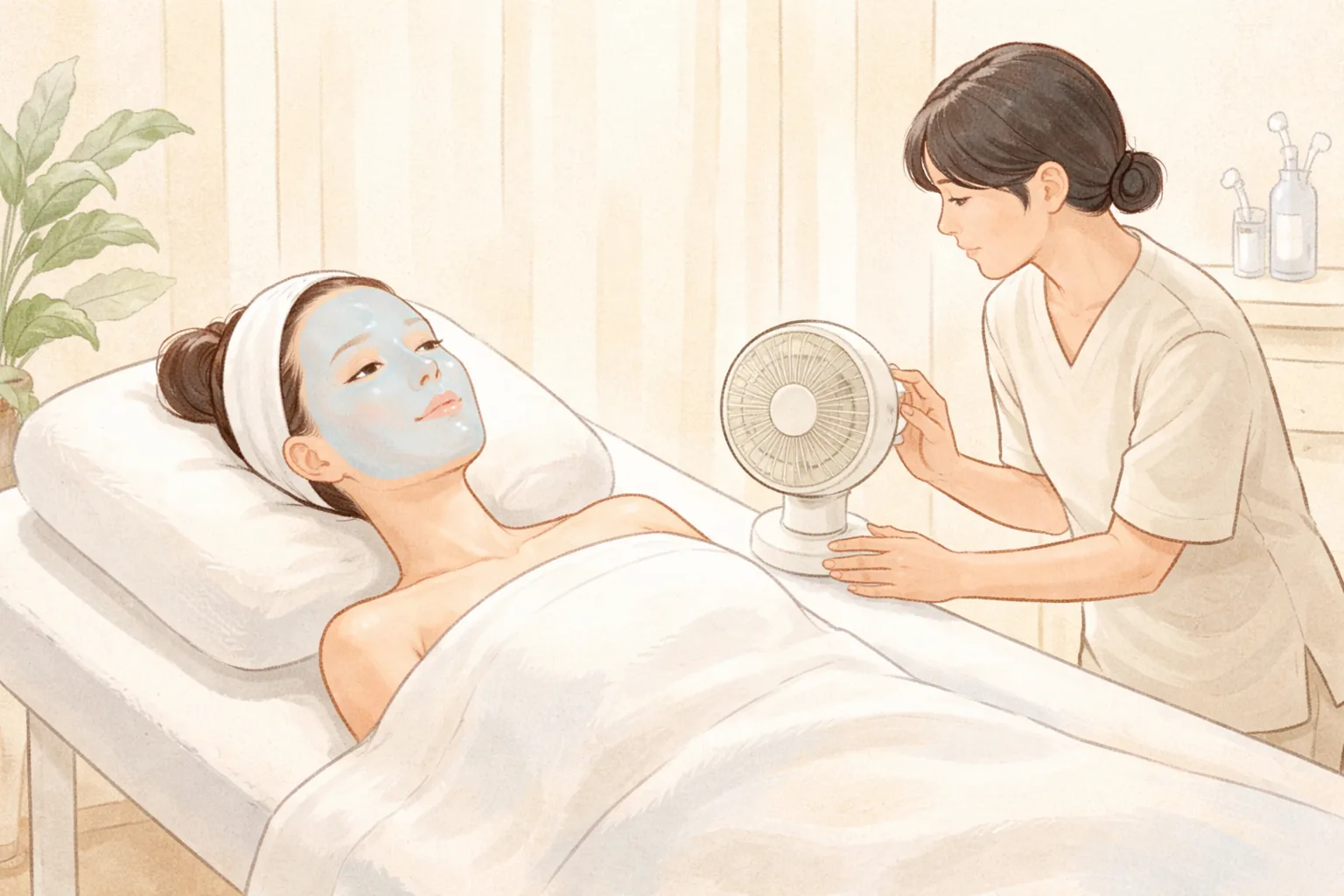 女性躺在診療床上敷著冷却凝膠面膜，醫療人員調整風扇