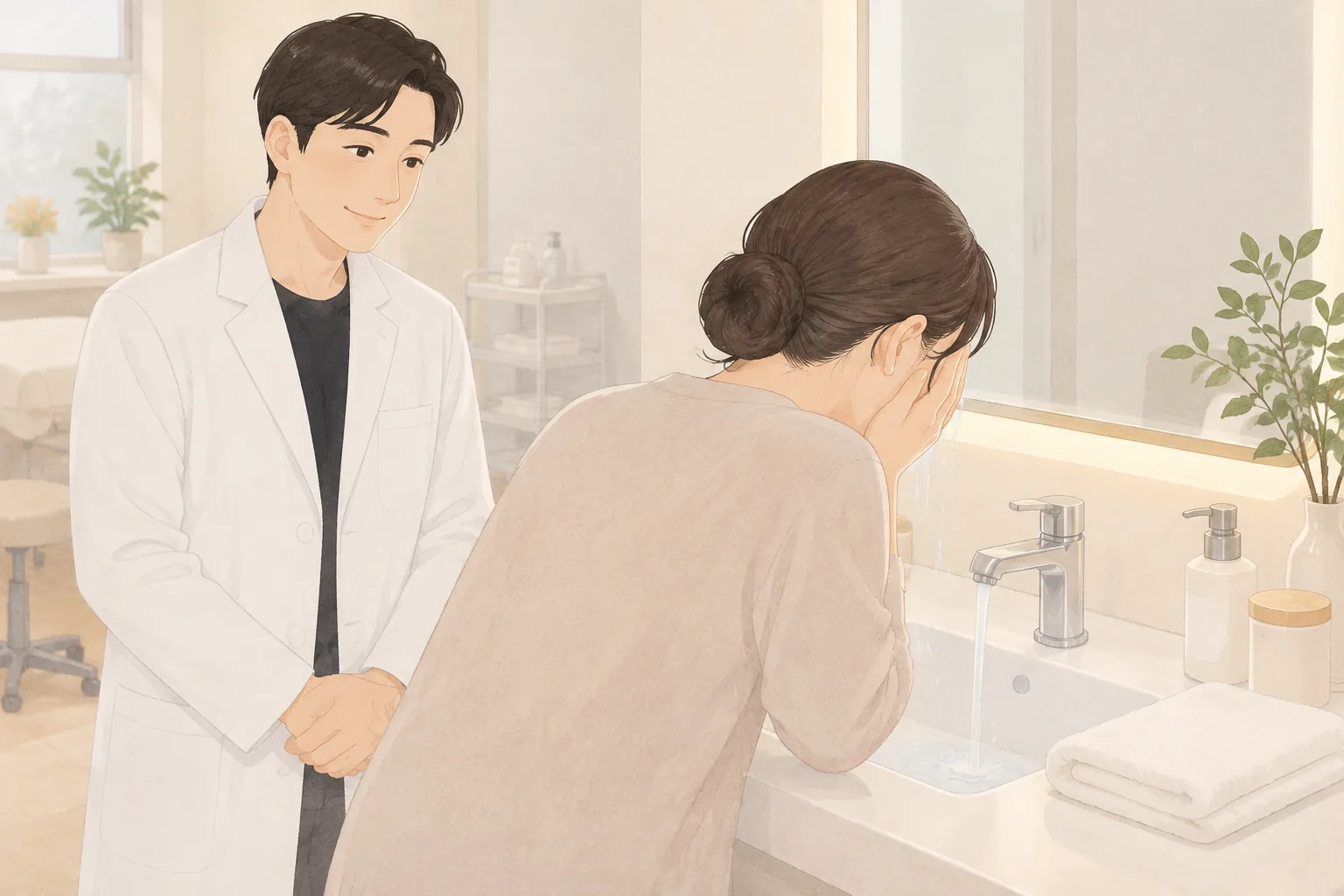 세면대에서 얼굴을 씻는 여성과 그 옆에서 바라보는 의사