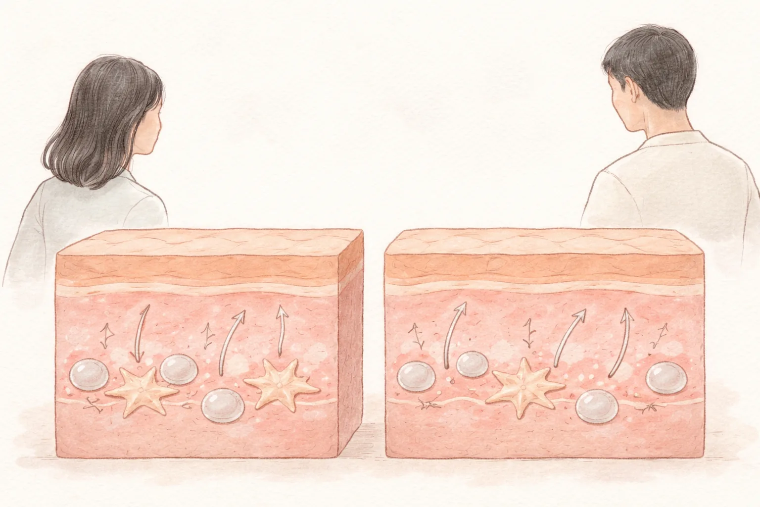 背を向けて座る男女と皮膚断面の星形細胞と球状成分