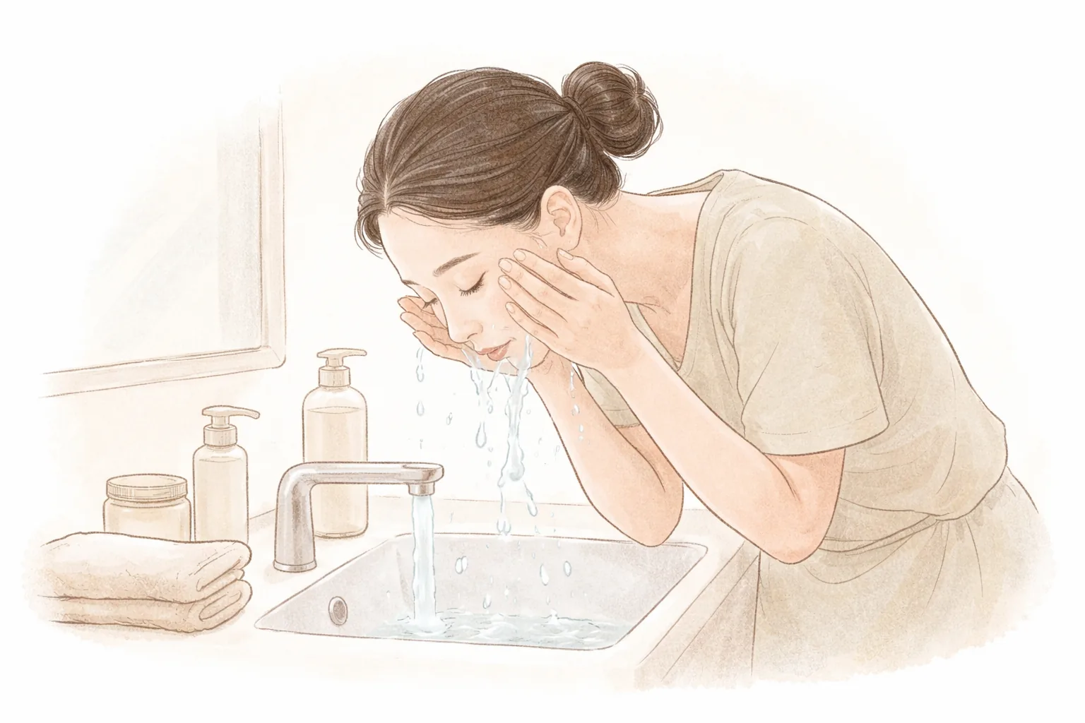 Woman with tied-back hair splashing water on her face at a sink