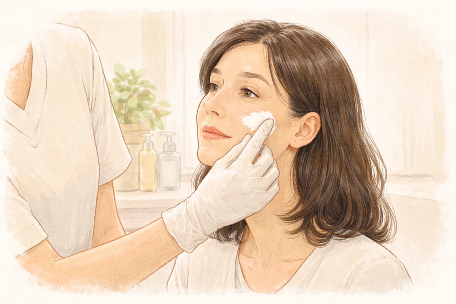 戴手套的醫療人員用化妝棉輕觸女性臉部
