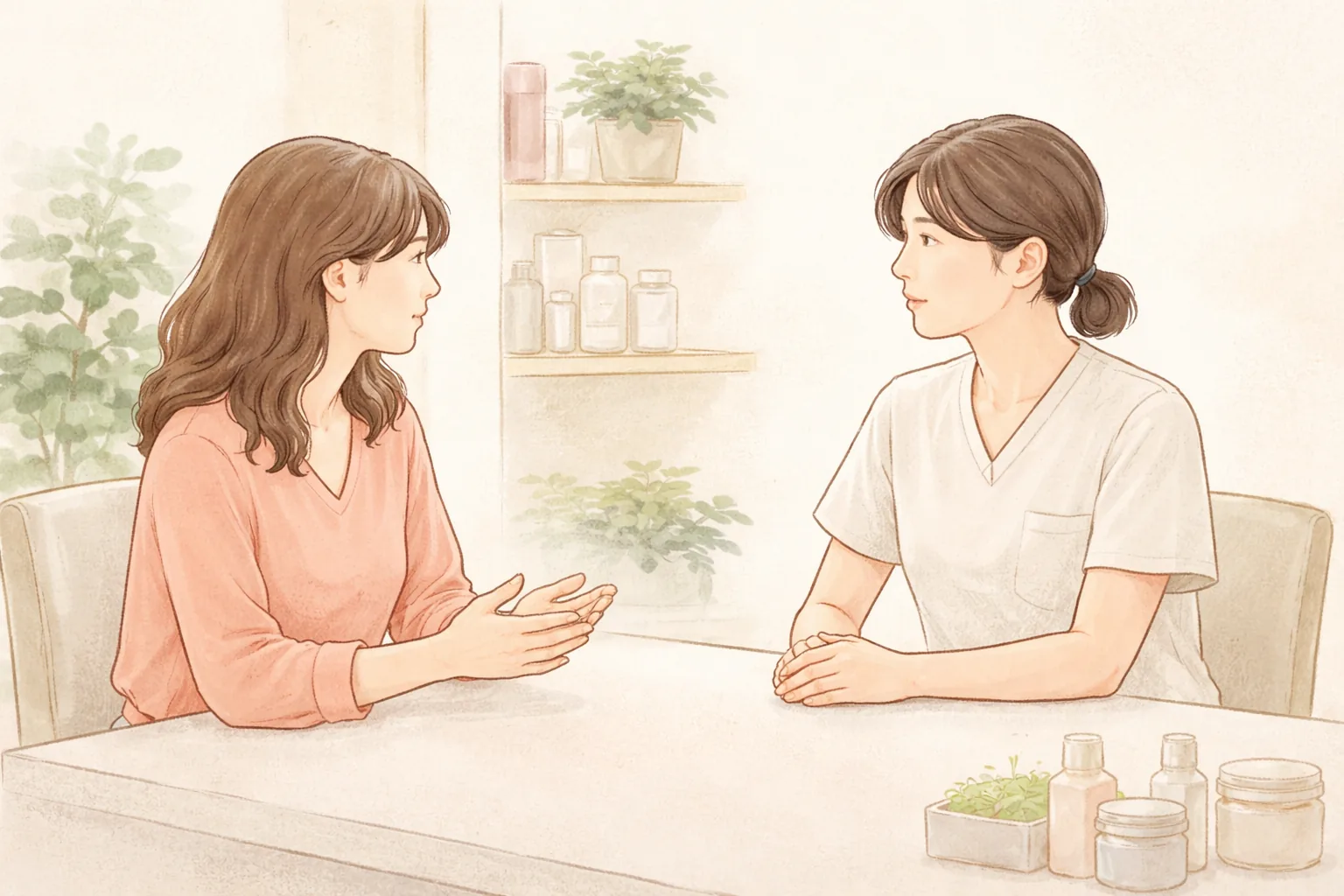 諮詢室中相對而坐交談的女性與醫療人員