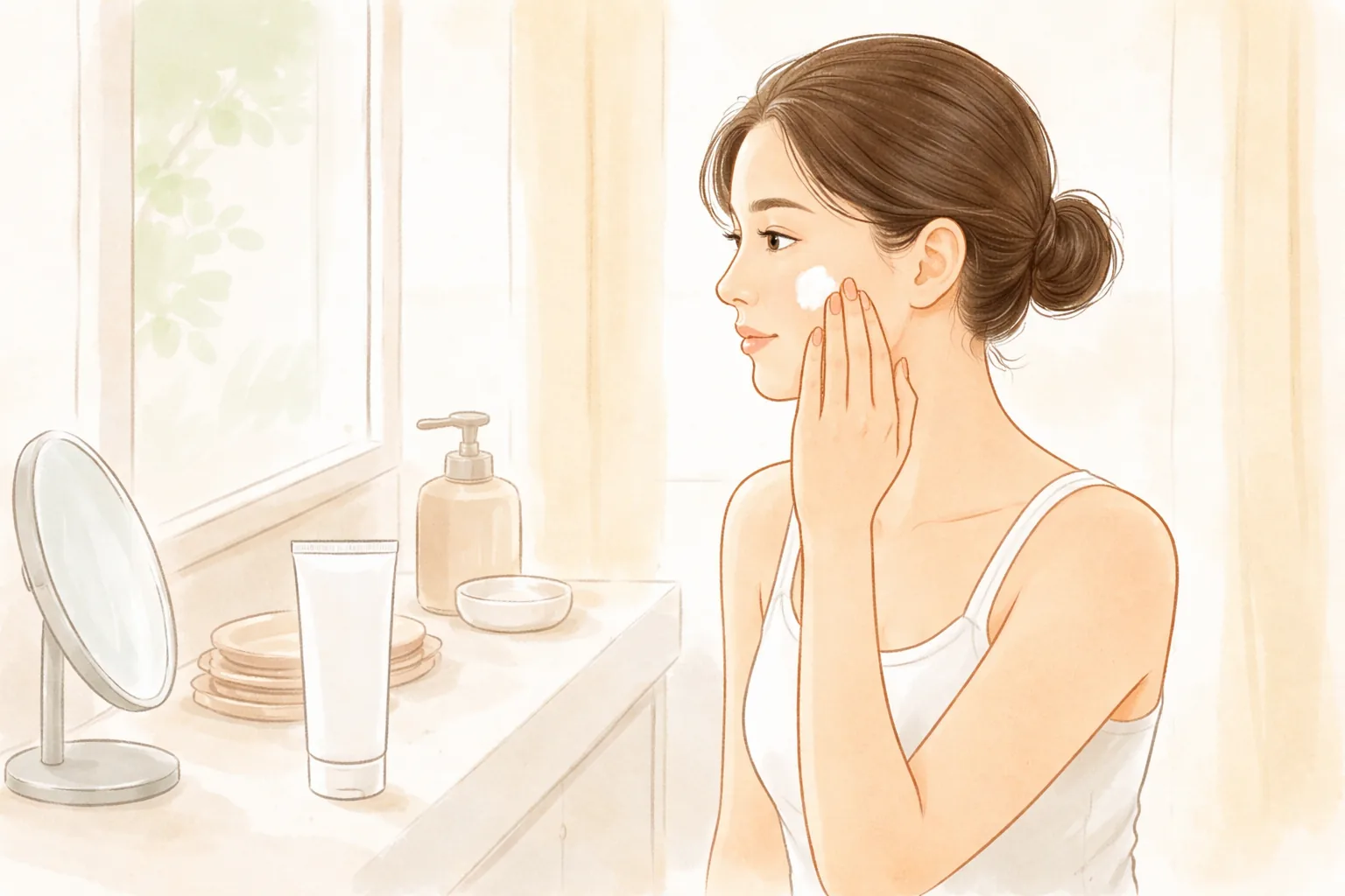 穿著背心的女性在浴室鏡子前用兩指塗抹臉頰乳霜