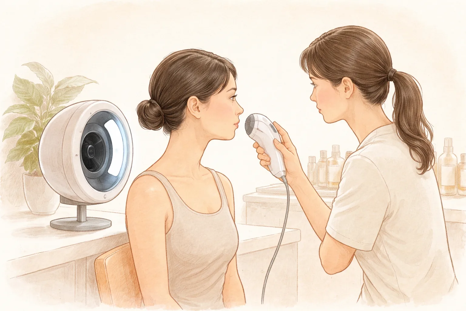 Clinician examining a seated woman's skin with a skin analysis device