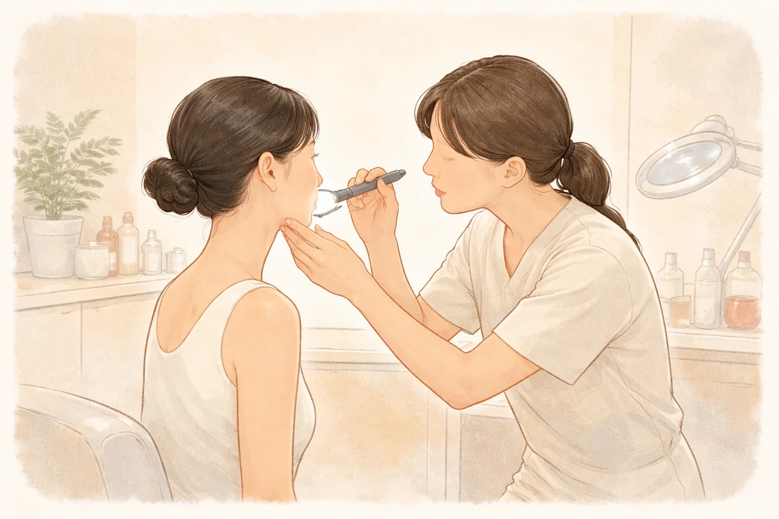 医療スタッフが小さなライトで女性の頬を診ている場面
