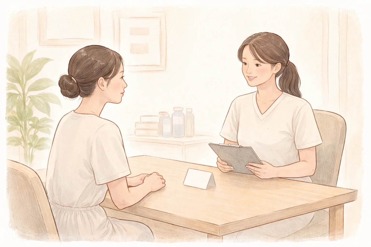Mujer con vestido claro y personal médico conversando frente a frente en la consulta