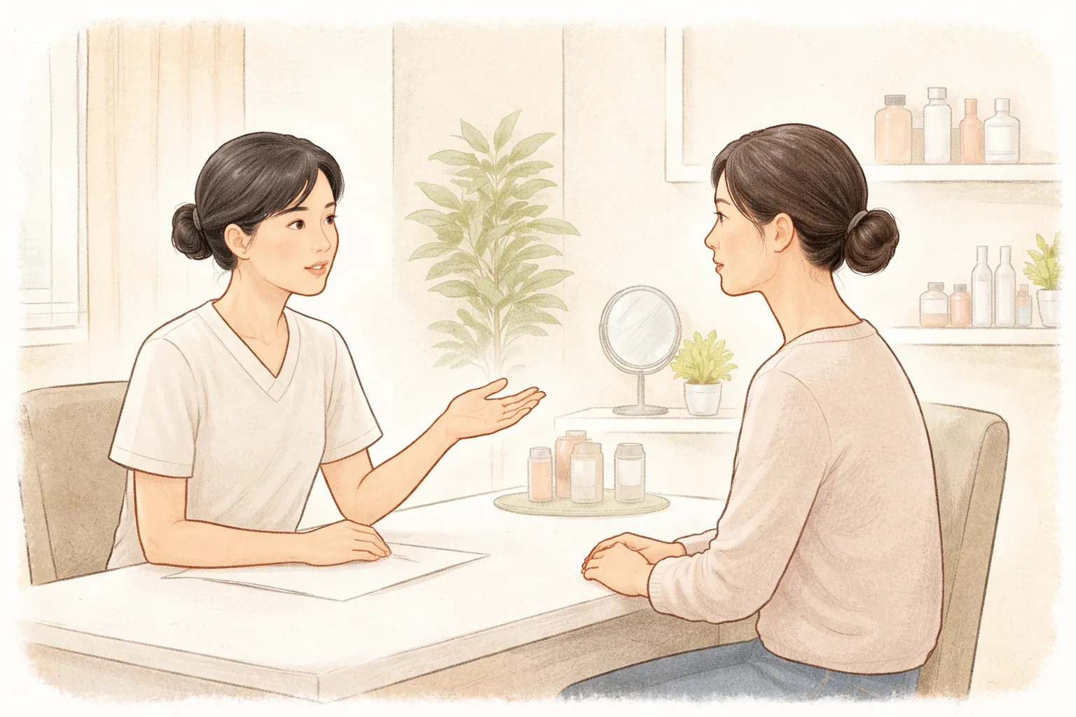Dos mujeres conversan frente a frente en un escritorio de consulta con frascos de cosméticos