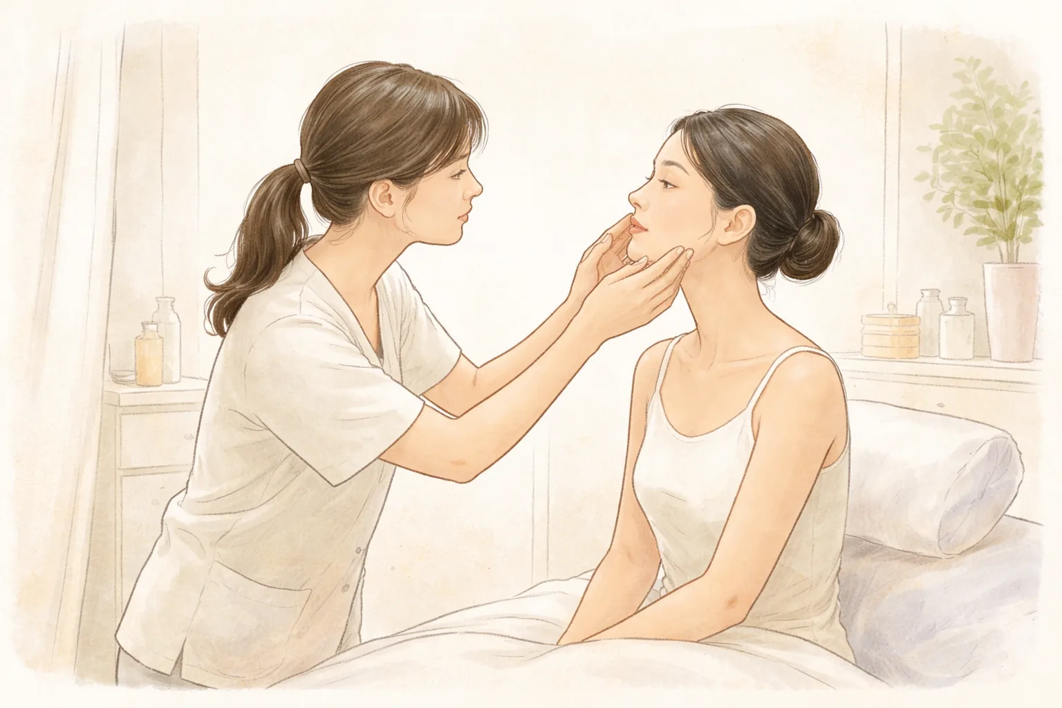 女性坐在療程床上，醫療人員以手檢查她的臉頰