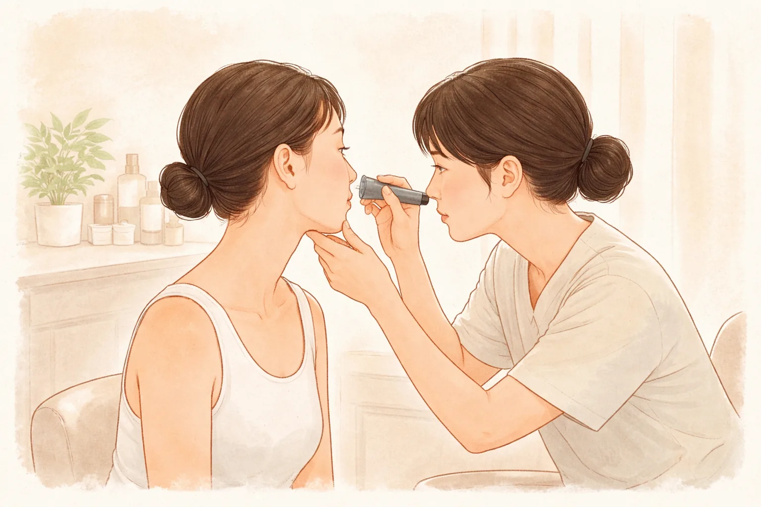 醫師以小燈具檢查女性臉頰