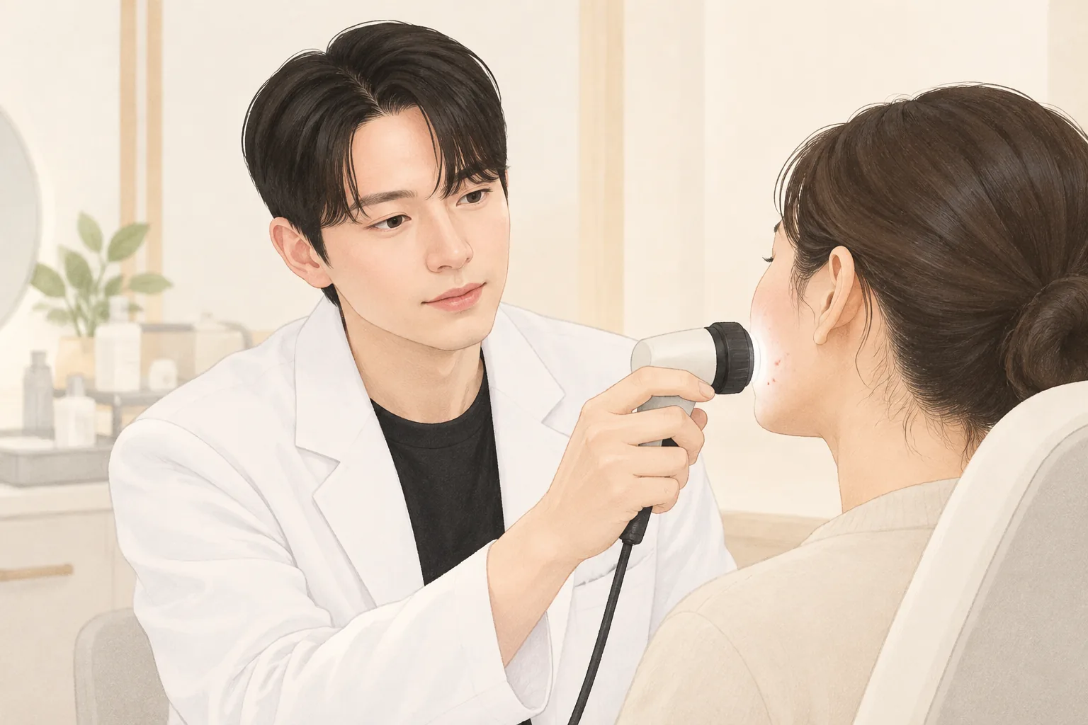 Male doctor with black hair examining a female patient's jaw with a camera
