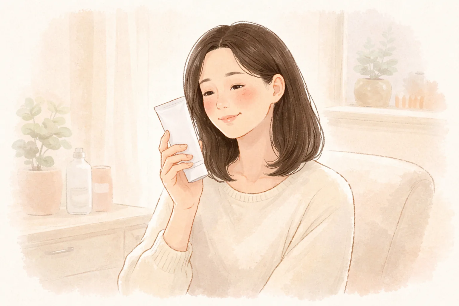 臉頰泛紅的女性身穿白衣,將保濕軟管拿近臉部