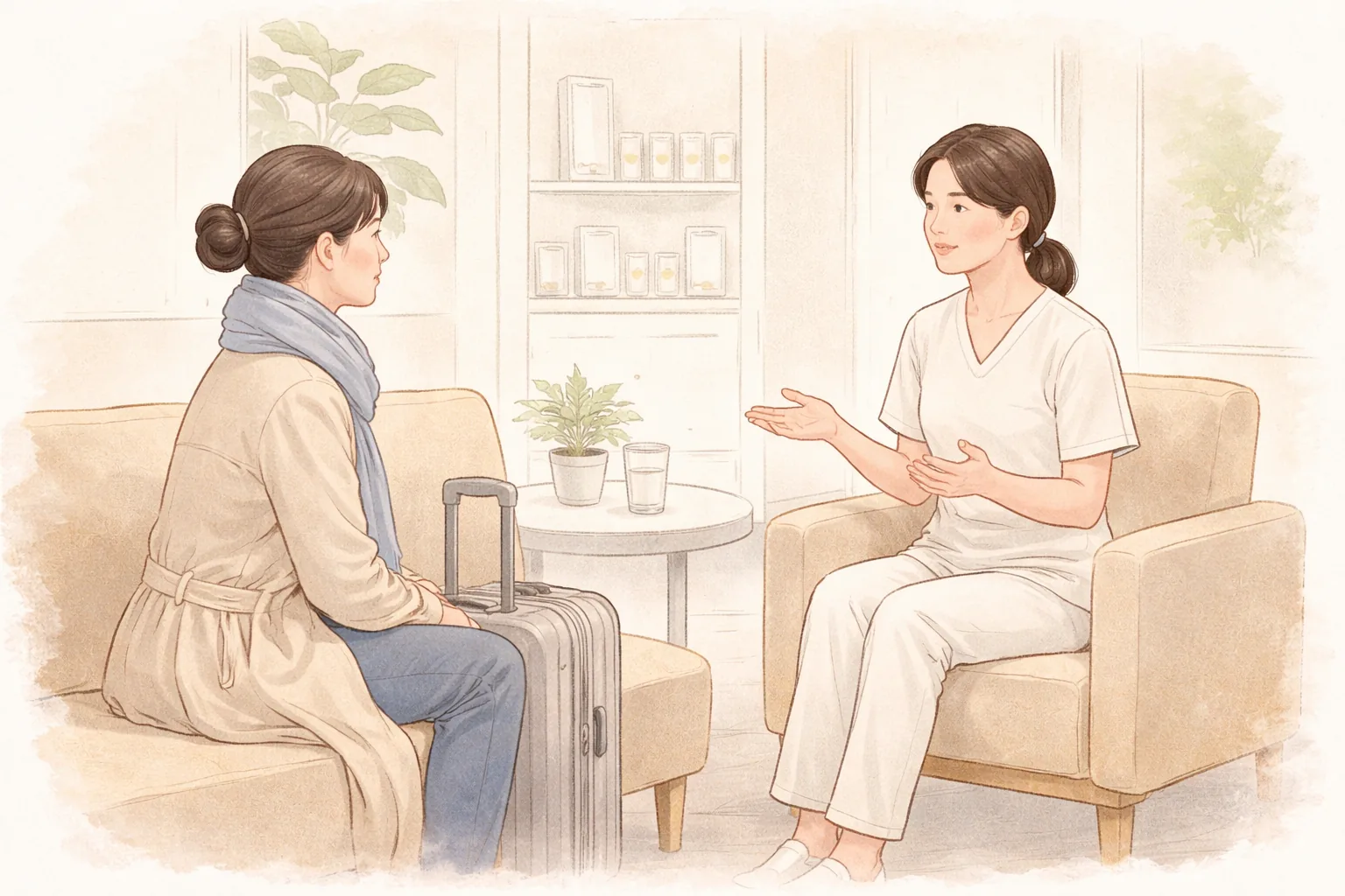 캐리어 옆에 앉아 의료진과 대화하는 두 여성
