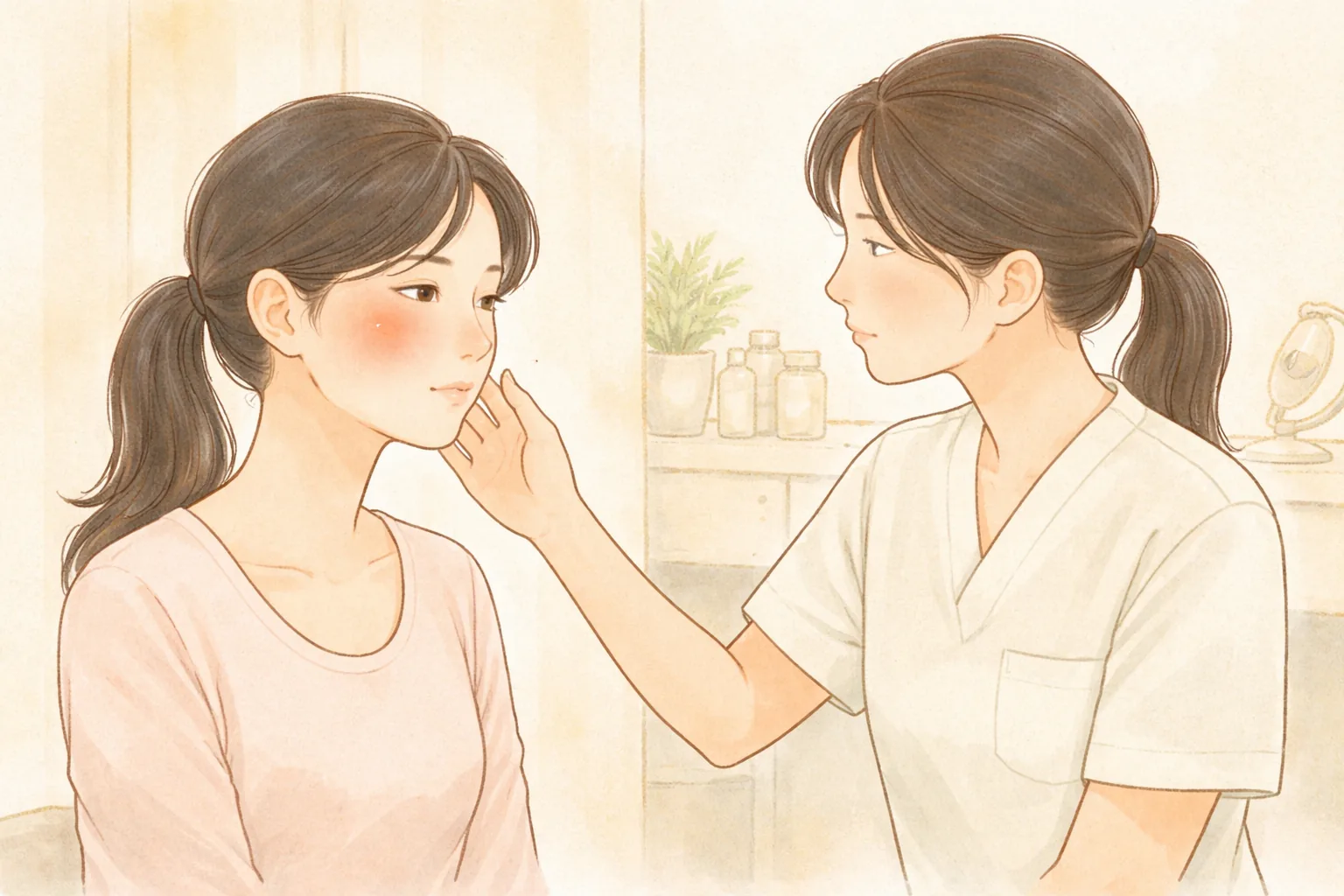医护人员查看坐着女性微微泛红的面颊