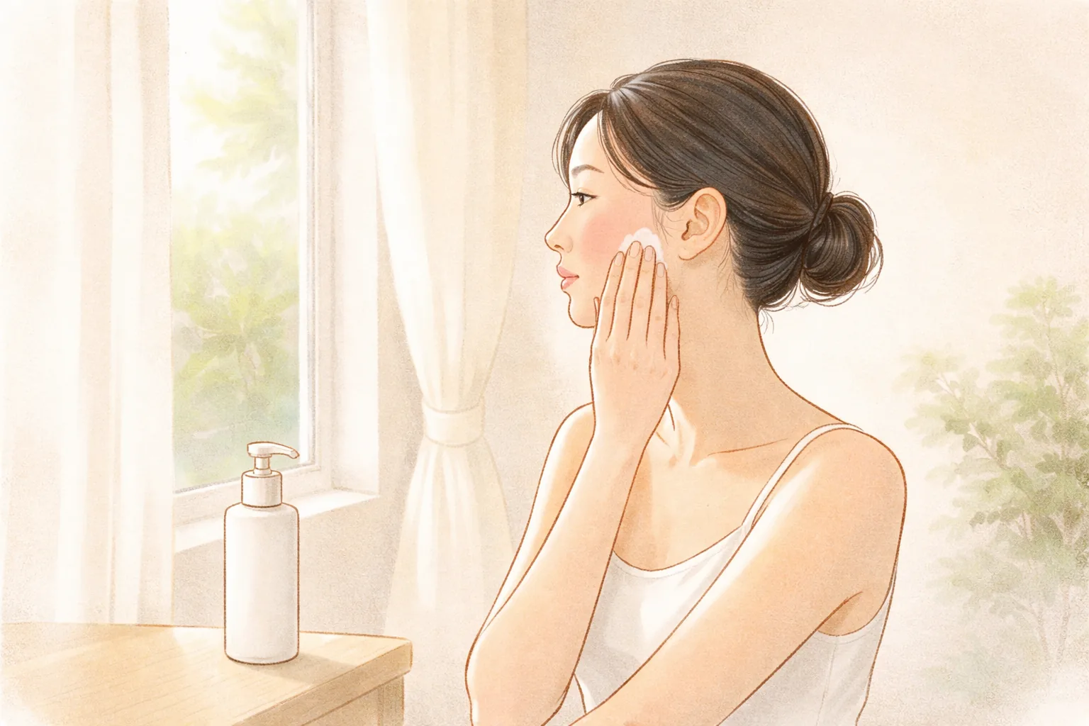 Woman by a window with a hand on her cheek and containers on a side table