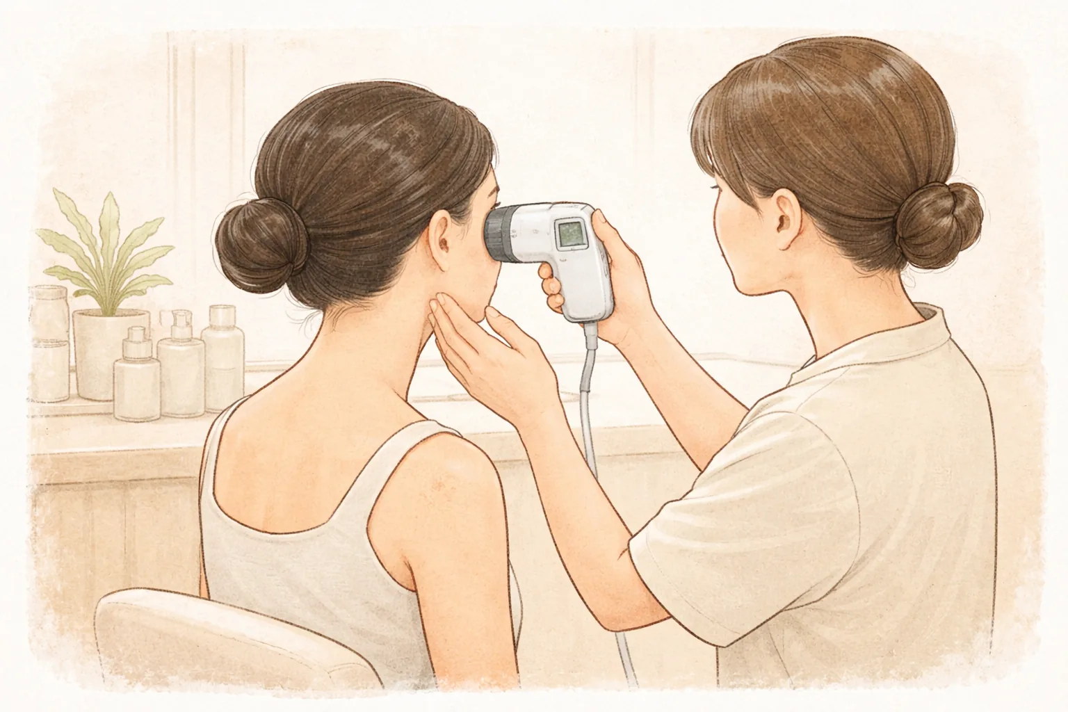 Mujer con el cabello recogido y personal médico revisando su mejilla con una cámara de análisis de piel