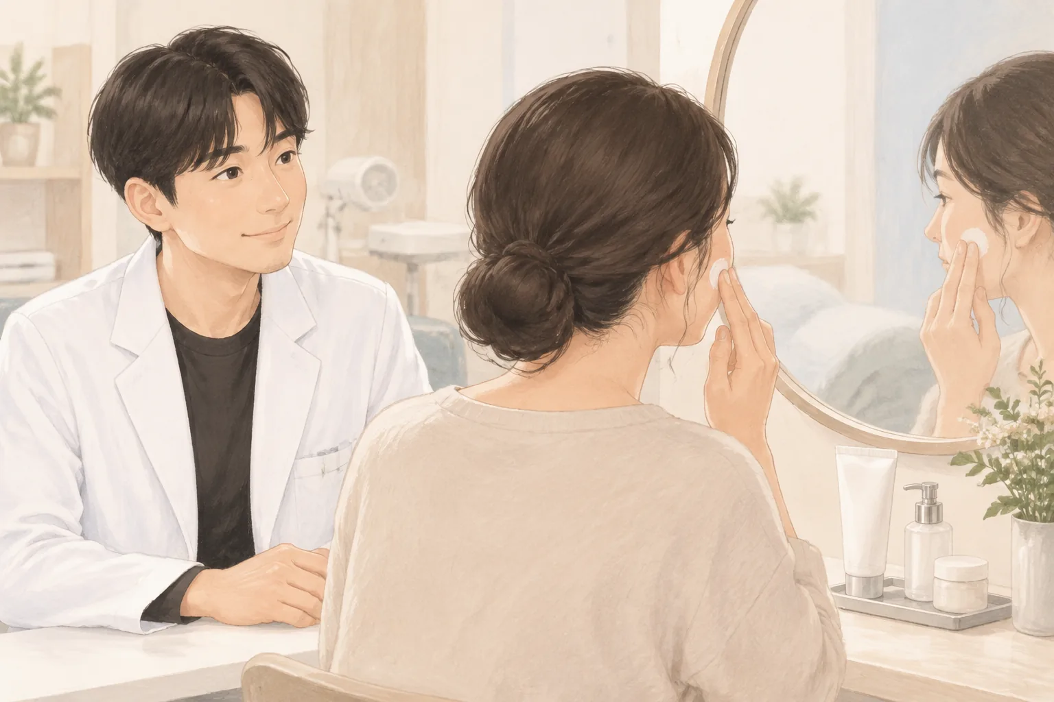 남자 의사와 거울 앞에서 자외선 차단제를 바르는 여자 환자