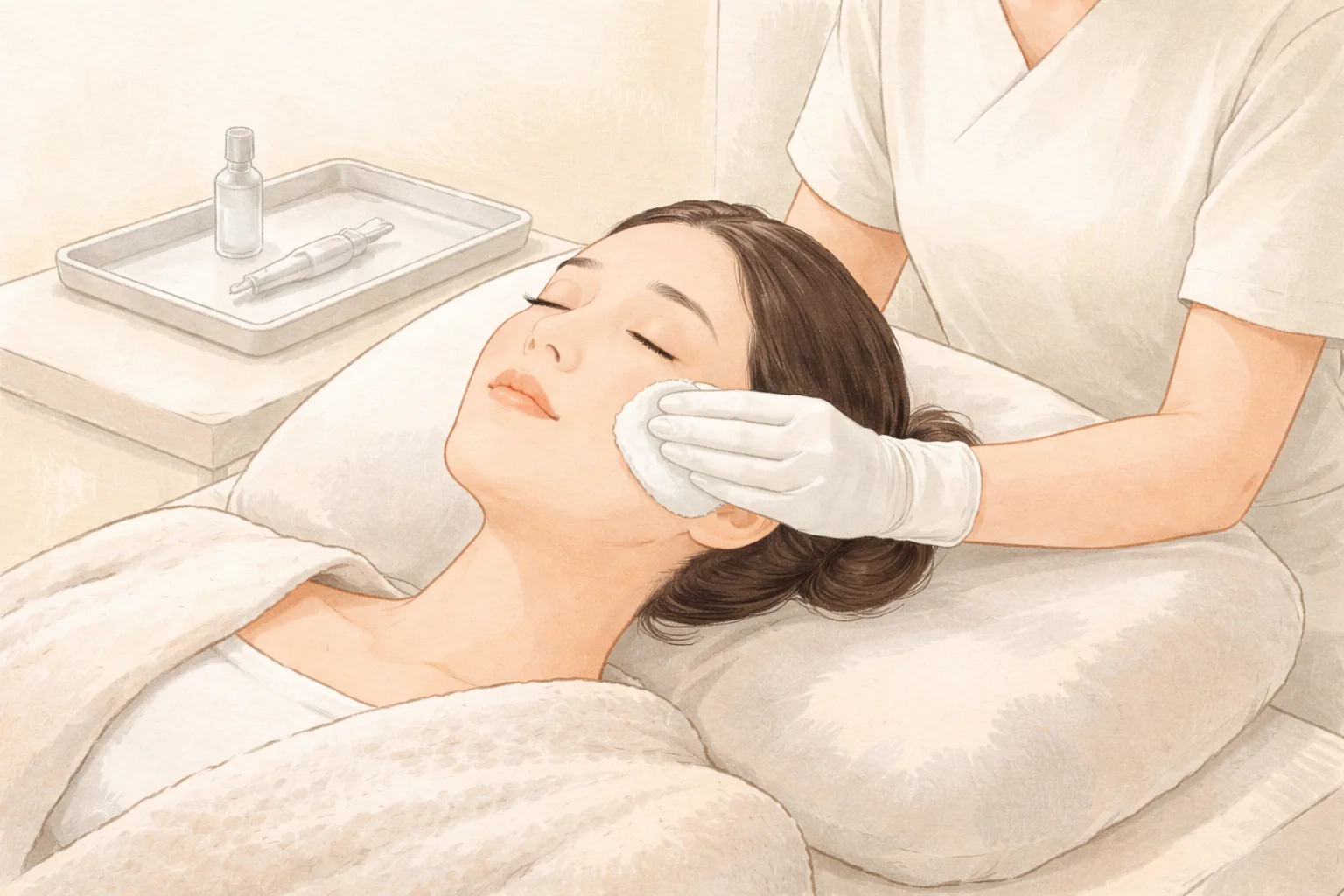 Patient lying on her side as a clinician wipes her face with gauze