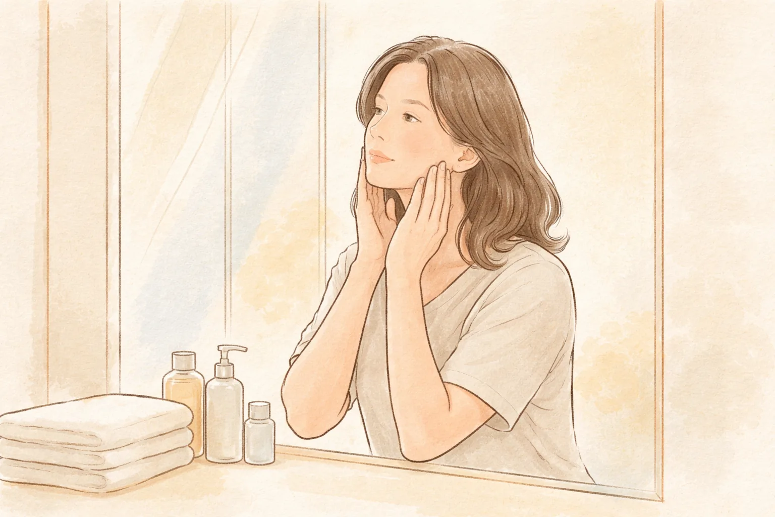 女性在鏡前以指尖按壓臉部輪廓