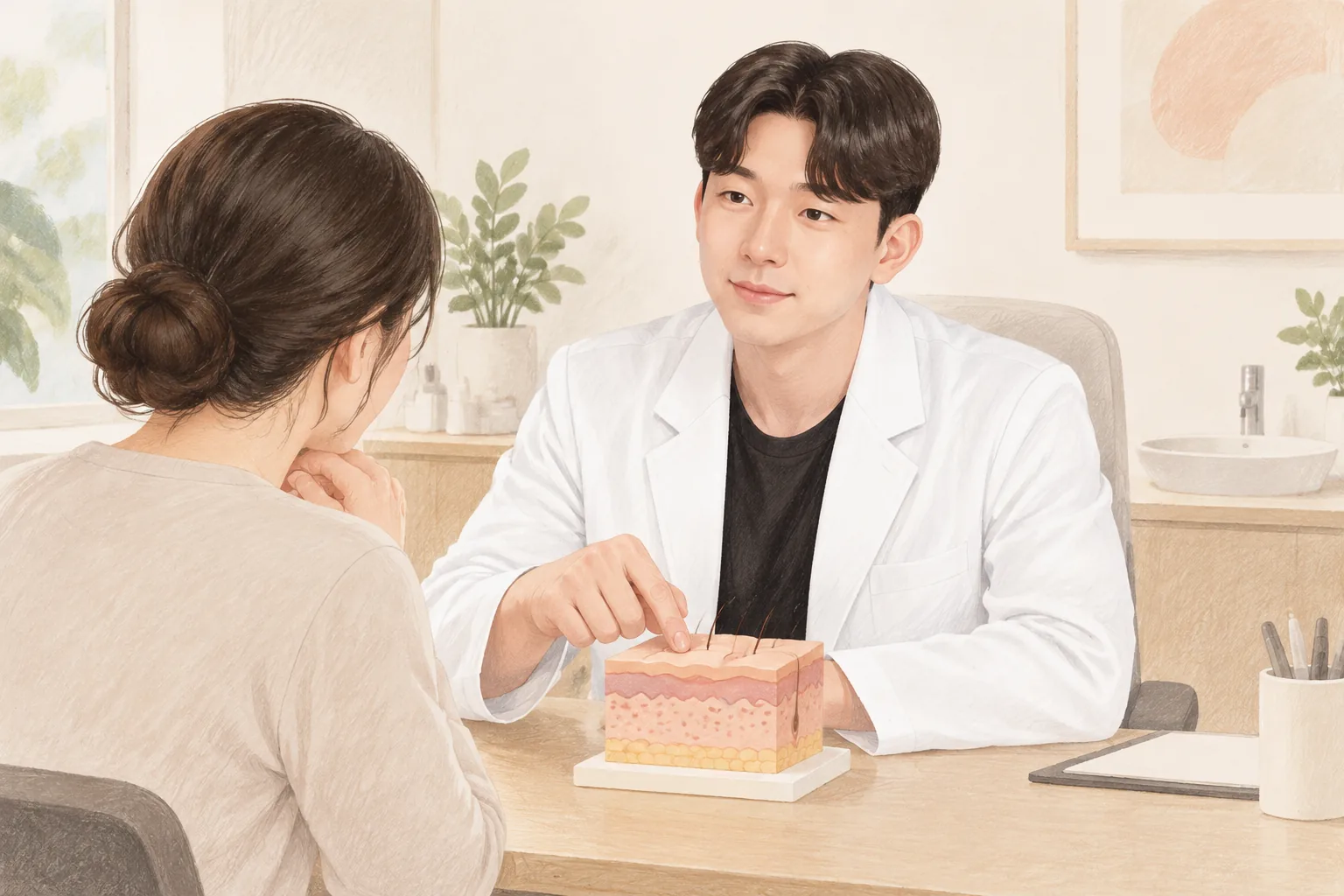 남성 의사가 피부 단면 모형을 가리키며 여성 환자에게 설명하는 모습
