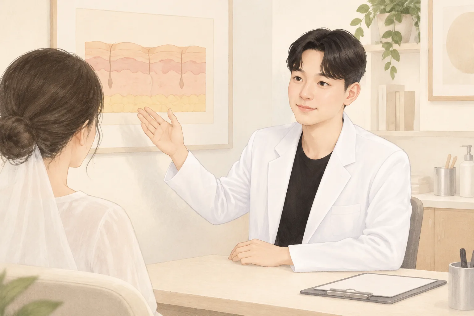 ベールをかぶった女性患者と白衣の男性医師が皮膚の図を指して話す様子