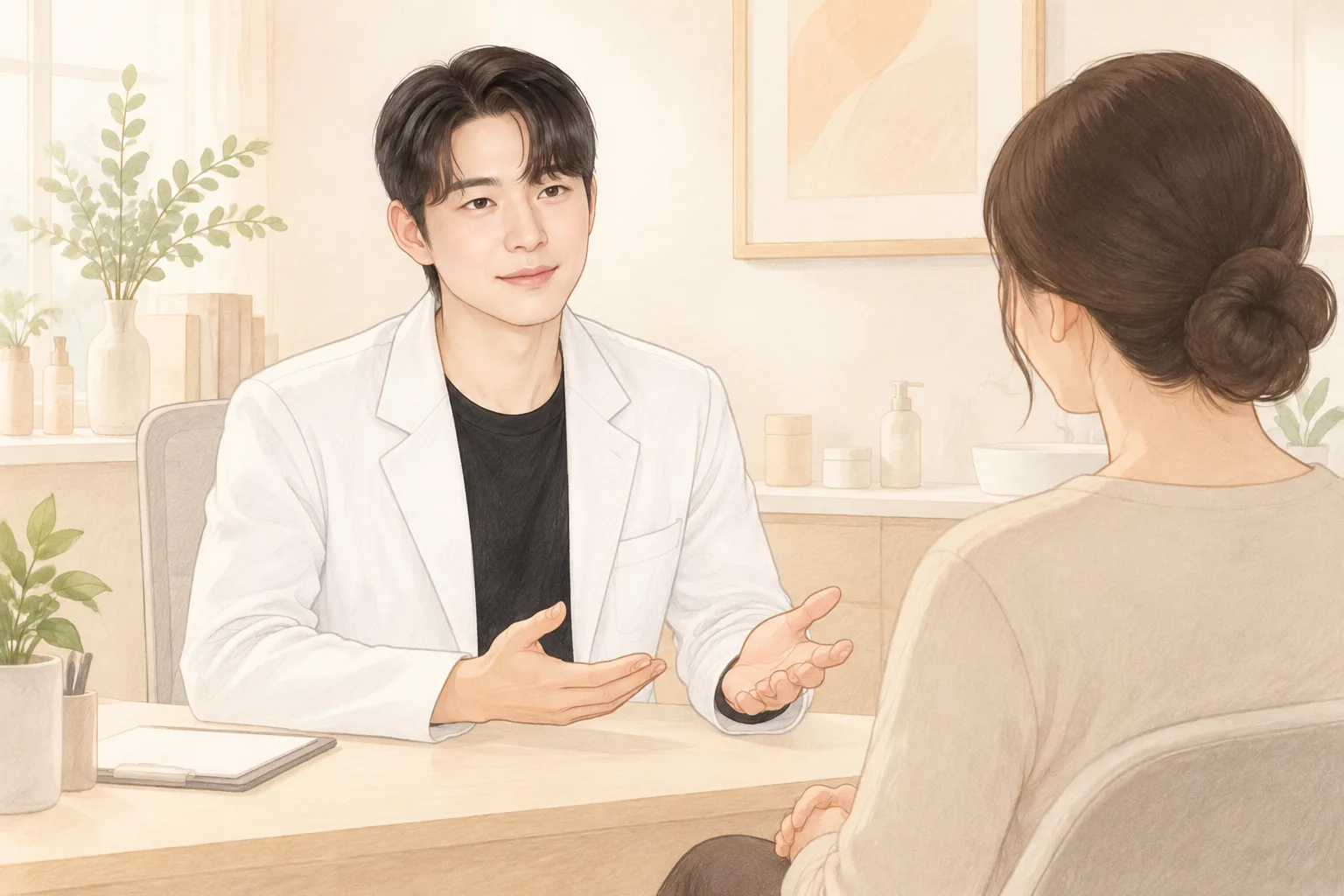 책상 맞은편에 앉은 남자 의사가 손짓하며 여성 환자와 상담하는 장면