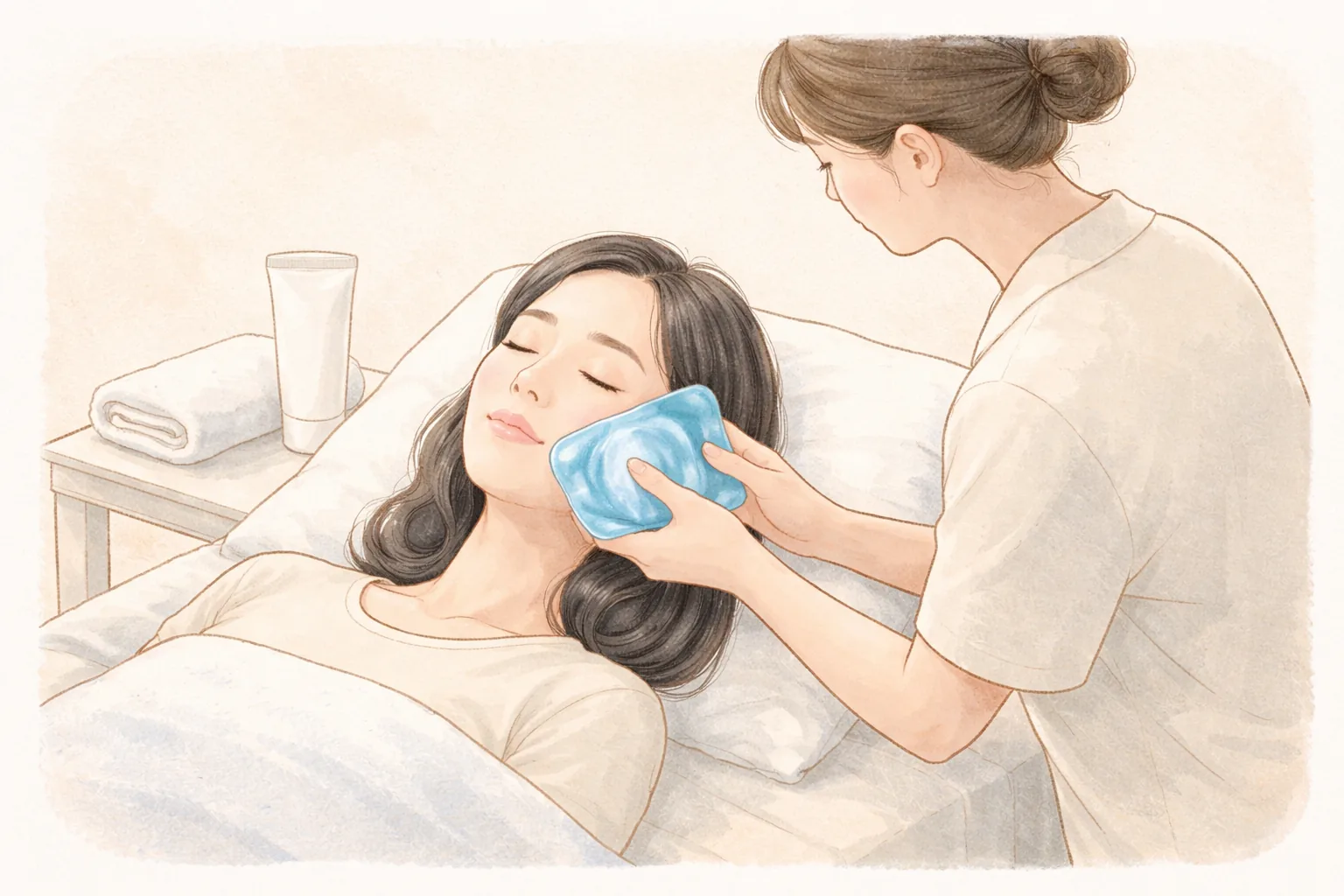 침대에 누운 여성의 볼에 의료진이 쿨링 젤 팩을 올려주는 모습