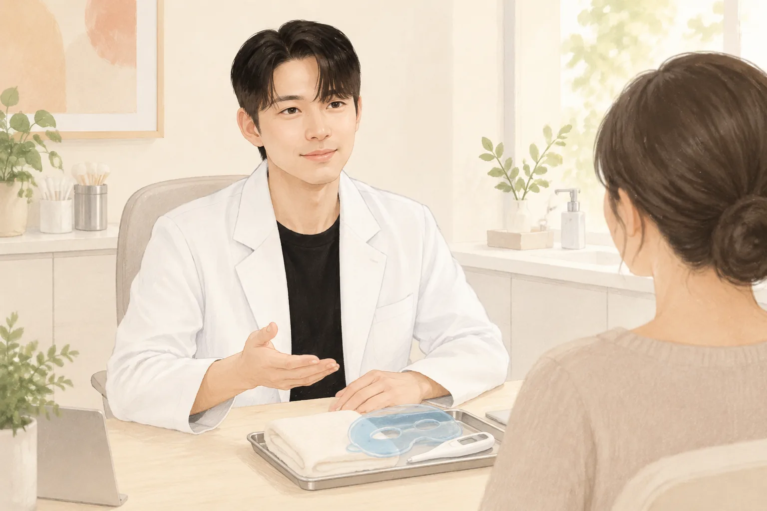 상담실에서 남성 의사가 여성 환자에게 설명하는 모습