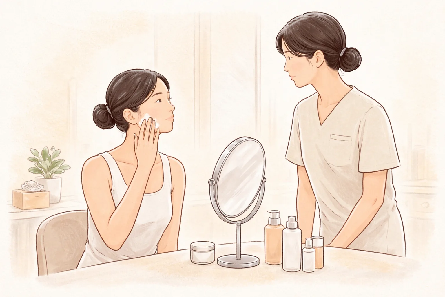 女性坐在鏡子前，指尖取保濕產品塗在臉頰，另一位女性在旁觀看