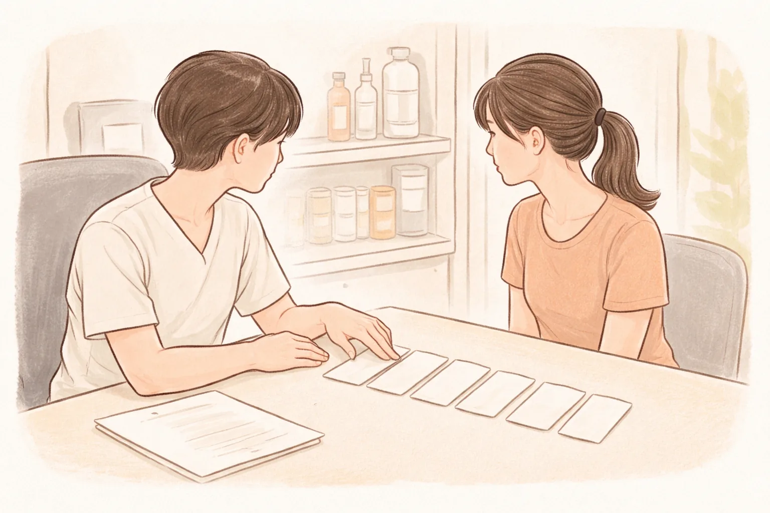 책상 위에 놓인 카드들을 가리키며 이야기를 나누는 의료진과 여성