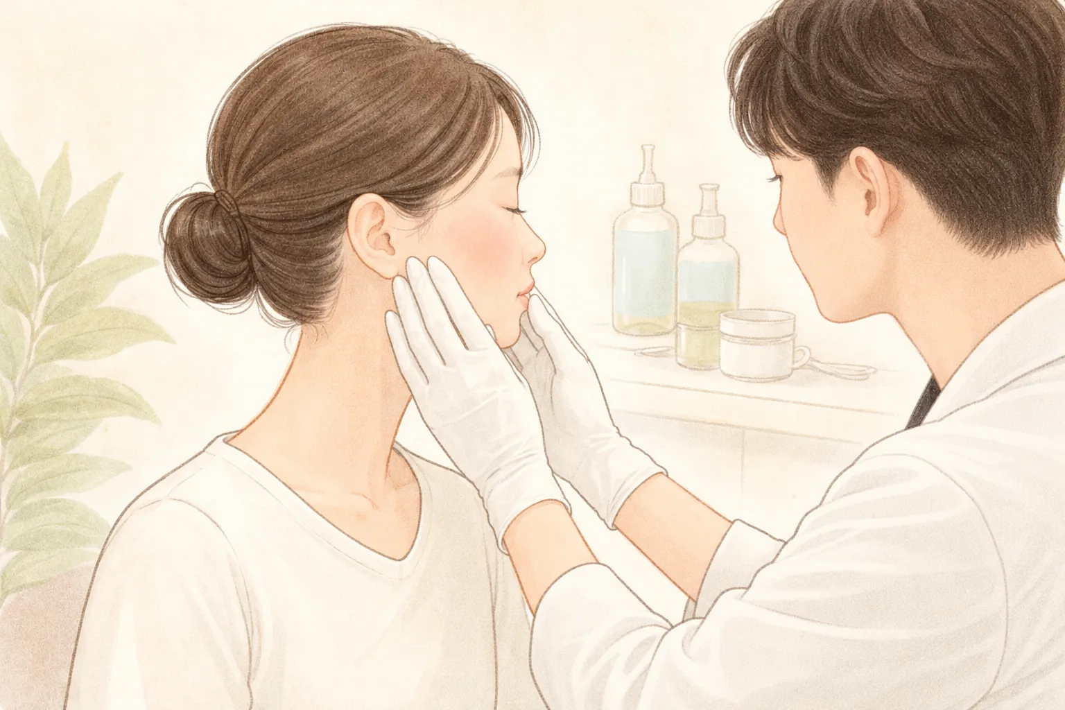 رجل يرتدي قفازات يفحص وجه امرأة.